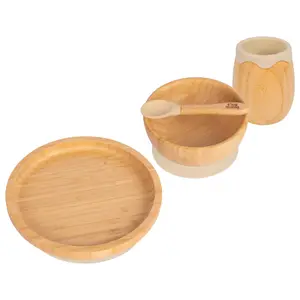 Tiny Dining 4pc Round Bamboo Suction Baby Feeding Set - Beige