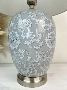 Grey Floral Ceramic Table Lamp with Pleated Shade