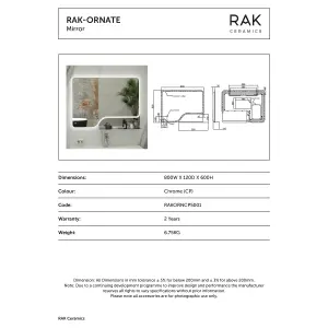 RAK Ornate 600x800mm Chrome Square with Touch Sensor Illuminated Mirror IP44