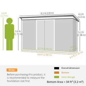 Outsunny 9 x 4FT Outdoor Metal Frame Garden Storage Shed w/ 2 Door, Grey