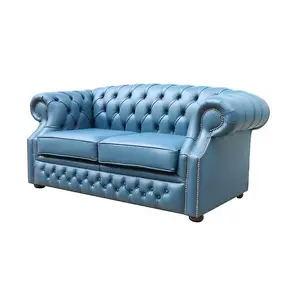 Chesterfield 2 Seater Sofa Majolica Blue Real Leather In Buckingham Style