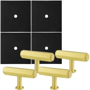 4 PACK - Cabinet Door Knob & Contrasting Backplate Set - Hex T Bar Pull - Satin Brass & Matt Black