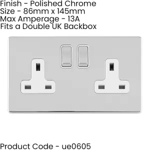 2 Gang Double DP 13A Switched UK Plug Socket SCREWLESS POLISHED CHROME Power