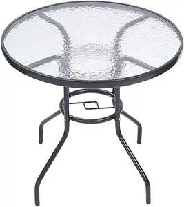 80cm Round Garden Dining Dining Coffee Table with Parasol Hole Tempered Glass Tabletop