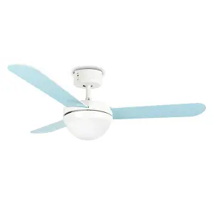 ValueLights 42" / 106cm Modern Duck Egg Blue/Cream Reversible Blade Ceiling Fan with Frosted Opal Shade - with Remote Control