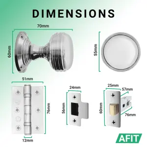 AFIT Lined Door Knob Set Polished Chrome - 4 Pairs of Mortice Knobs (55mm), Latch (76mm) & Hinges (76mm) for Internal Doors