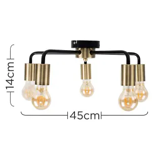 ValueLights Connell Industrial Style Antique Brass and Matt Black 5 Way Ceiling Light Fitting