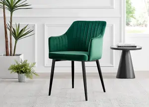 Furniturebox UK Palma Black Semi Gloss Round Pedestal Dining Table & 4 Green Velvet Calla Black Leg Chairs