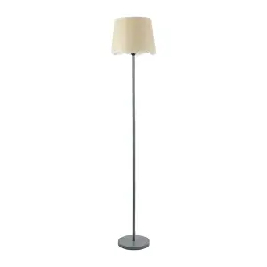 ValueLights Heather Grey Wood Stem Floor Lamp with Scallop White Trim Tapered Shade and LED Bulb