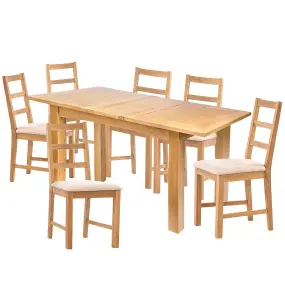 Hallowood Furniture Camberley Oak Butterfly Extending Dining Table with 6 Ladder Back Chairs in Beige Fabric Seats