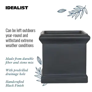 Set of 2 IDEALIST™ 35cm Square Planter, Victorian Flower Box Garden Planters, Black Reinforced Stone Outdoor Plant Pots