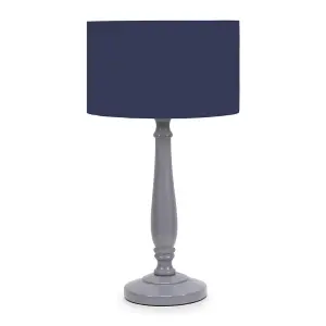 ValueLights Victoria Traditional Grey Wood Candlestick Table Lamp with Navy Blue Drum Shade