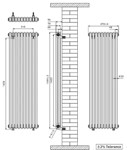 Right Radiators 1500x470 mm Vertical Traditional 2 Column Cast Iron Style Radiator Black