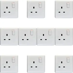 10 PACK 1 Gang Double Pole 13A Switched UK Plug Socket - WHITE Wall Power Outlet