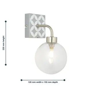 First Choice Lighting Geo Tile Brushed Chrome with Clear Glass Globe IP44 Bathroom Wall Light