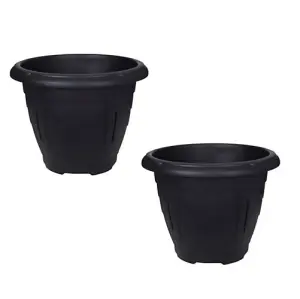 2 x Black Round Venetian Pot Decorative Plastic Garden Flower Planter Pot 24cm