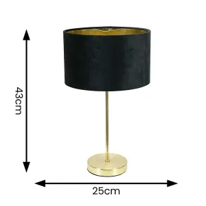 ValueLights Charles Gold Stem Table Lamp with Black Velvet with Gold Inner Lamp Shade and LED Bulb