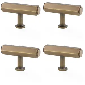 4 PACK - Industrial Hex T Bar Cabinet Door Knob - 55mm x 38mm - Antique Brass Pull Handle