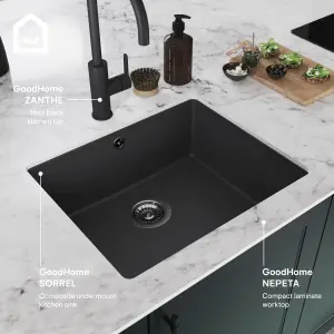 GoodHome Sorrel Black Composite quartz 1 Bowl Kitchen sink 550mm x 460mm