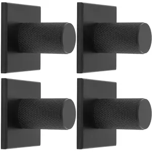 4 PACK - Knurled Cylinder Cabinet Door Knob & Matching Backplate - Matt Black 40 x 40mm