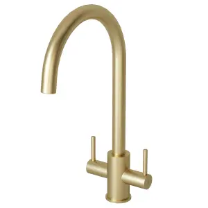 Liquida AD399BR Swan Neck Twin Lever Kitchen Mixer Tap In Brushed Brass