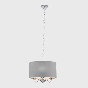 ValueLights Rocha Modern Chrome 3 Way Curved Arm Grey Linen Slimline Drum Ceiling Light Pendant - LED Candle Bulbs 3000K