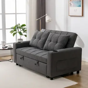 Hudson 2-Seater Sofa Bed Linen Fabric With Cup Holders Grey