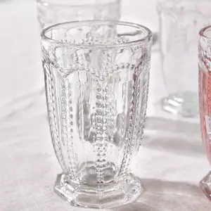 Set of 6 Vintage Luxury Clear Embossed Drinking Tall Tumbler Glasses 340ml