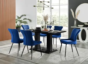 Imperia Black High Gloss 6 Seater Dining Table with Structural 2 Plinth Column Legs 6 Blue Velvet Black Leg Nora Chairs