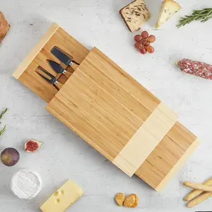 Bamboo Cheese Board, Square Serving Tray With Stainless Steel Knife Set, Easy Clean Charcuterie Serving Board With Two Pull Out Knife Drawers & Gift Box