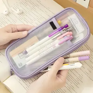 Transparent Mesh Pencil Case Large Capacity Stationery Bag Purple