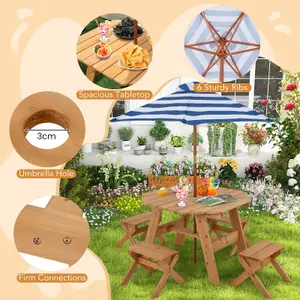 Costway Wooden Octagon Table Set Kids Picnic Table & 4 Chairs w/ Umbrella