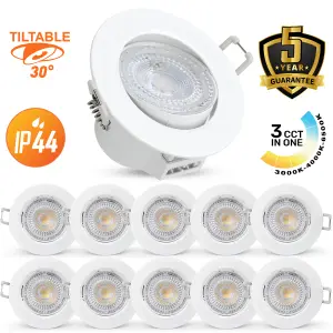 paul russells LED Downlight White Tilt Recessed Ceiling Spotlight 4.8W 500 Lumens, IP44, Colour Changeable CCT3 Pack of 10