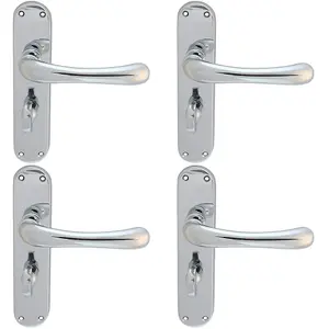 4 PACK - Rounded Smooth Bathroom Latch Door Handle - Polished Chrome Lever on Backplate