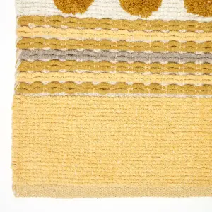 Homescapes Cotton Chenille Striped Tufted Circle Rug Grey Mustard Yellow 66 x 200cm