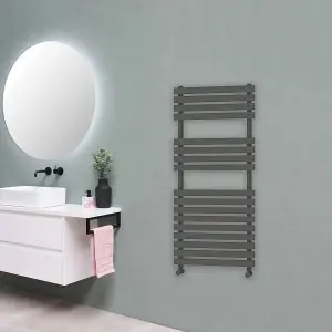 Designer Delta Anthracite Flat Panel Towel Radiator Heated Ladder Rail - 1106 x 500mm - Straight Manual Square Valve Pair