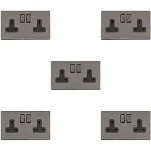 5 PACK 2 Gang DP 13A Switched UK Plug Socket SCREWLESS BLACK NICKEL Wall Power