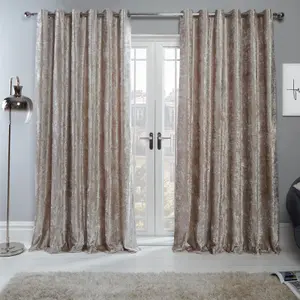 Sienna Crushed Velvet Eyelet Ring Top Pair of Fully Lined Curtains - Natural 46" x 54"