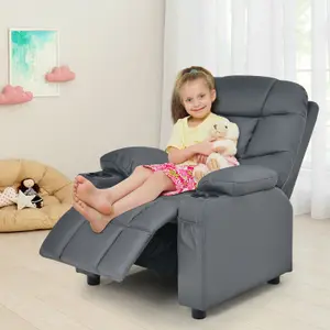 COSTWAY Kids Single Sofa Chair PU Leather Children Armchair Recliner with Cup Holders