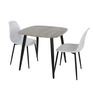 Core Products Aspen Grey Oak Effect 80cm Square Dining Table with 2 White Plastic Curve Design Chairs