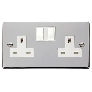 Polished Chrome 2 Gang 13A Twin Double Switched Plug Socket - White Trim - SE Home