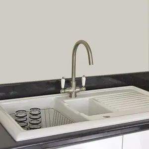 Astini Colonial Brushed Steel & White Ceramic Handle Twin Lever Kitchen Mixer Tap