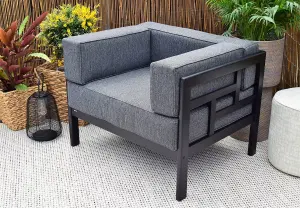 Garden Armchair Lounge Chair Outdoor Black Wooden Frame & Comfy Grey Cushions - Cori