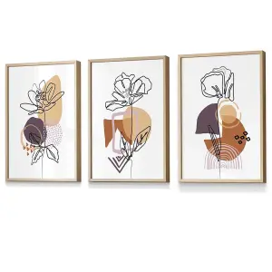 Set of 3 Line Art Flowers on Purple Orange Boho Shapes Wall Art Prints / 30x42cm (A3) / Oak Frame