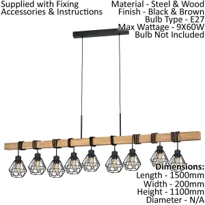 Hanging Ceiling Pendant Light Black Cage & Wood 9x E27 Dining Table Multi Lamp