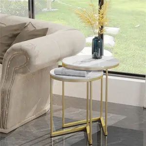 2 Piece Marble Nest Of Coffee Tables Round Top End Table Sofa Side Table Set