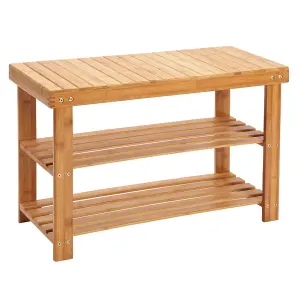 3 Tier Bamboo Shoe Rack - Wooden Shoe Stand Storage Organizer Bench for Hallway, Entryway, Living Room - H45 x W70 x D28.5cm