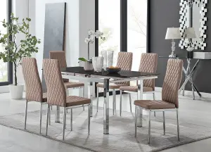 Enna Black Glass Extending Dining Table and 6 Cappuccino Milan Chairs