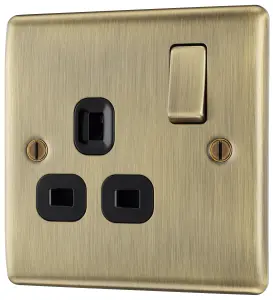 BG Antique Brass Single 13A Switched Socket & Black inserts