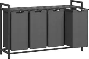 VASAGLE Laundry Sorter, 4 Compartments, Shelf, Pull-Out and Removable Laundry Bags, Metal Frame, Laundry Basket, Black and Grey